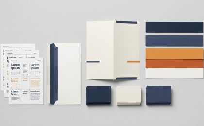 Logo ve kurumsal kimlik çalışmasını gösteren kartvizit, renk paleti ve broşür mockup düzeni