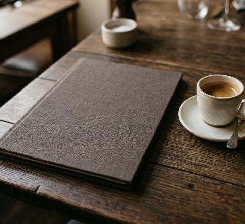 Ahşap masa üzerinde sade bir restoran menü tasarımı kapağı