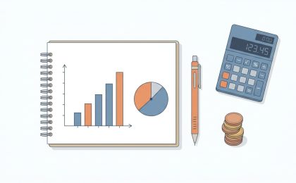 Reklam bütçesi belirleme kavramını anlatan hesap makinesi, madeni para ve grafik çizimi