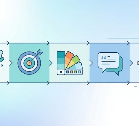 Marka oluşturma sürecinin 5 adımını simgeleyen minimal infografik illüstrasyon